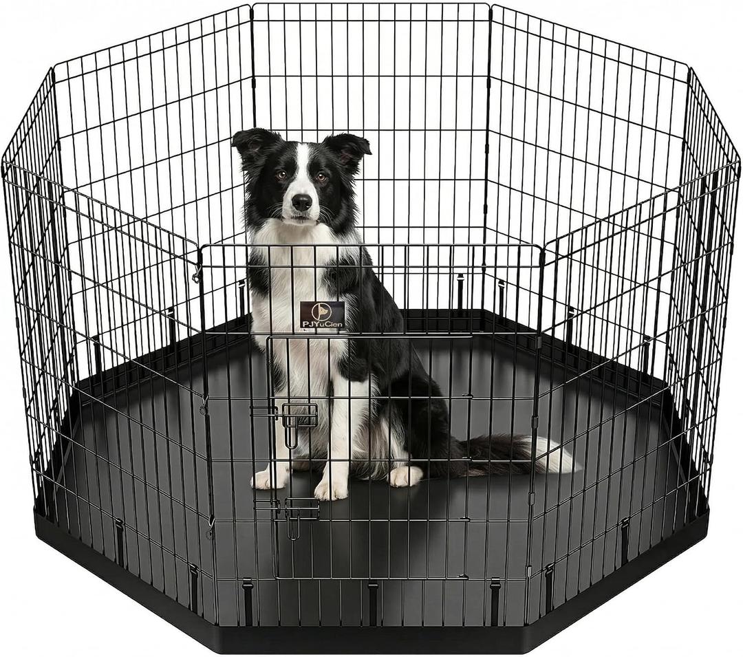 PJYuCien Dog Playpen with Bottom Pad - Metal Foldable Exercise Pen, 8 Panels 36" H x 24" W Indoor Outdoor Pet Fence Puppy Crate Kennel, Black