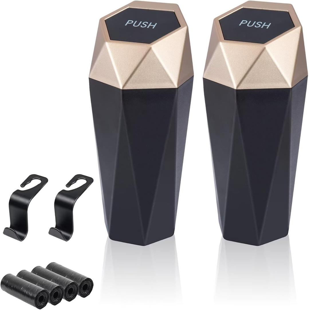 Car Trash Can, 2 Pack Car Trash Bin with Lid, Car Accessories for Women Interior, Car Garbage Can with Additional 2 ABS Hooks and 60pcs Trash Bags, Suitable for Home, Office, Car Organizer, Gold