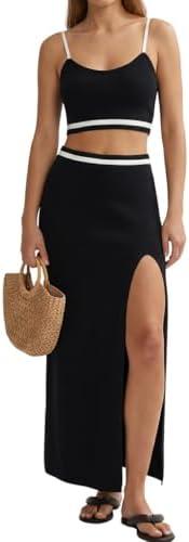Denis Lora Skirt Sets Women 2 Piece Outfits Dressy Summer Knit Cami Top High Slit Skirt Set for Vacation Brunch and Going Out, M