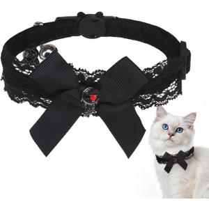 EXPAWLORER Cat Collar with Bells,Adjustable Soft Velvet Cat Collar Breakaway with Flower Accessory,Safety Quick Release Gothic Style Pet Collar for Cat,Kitten,Small Dog (Black)