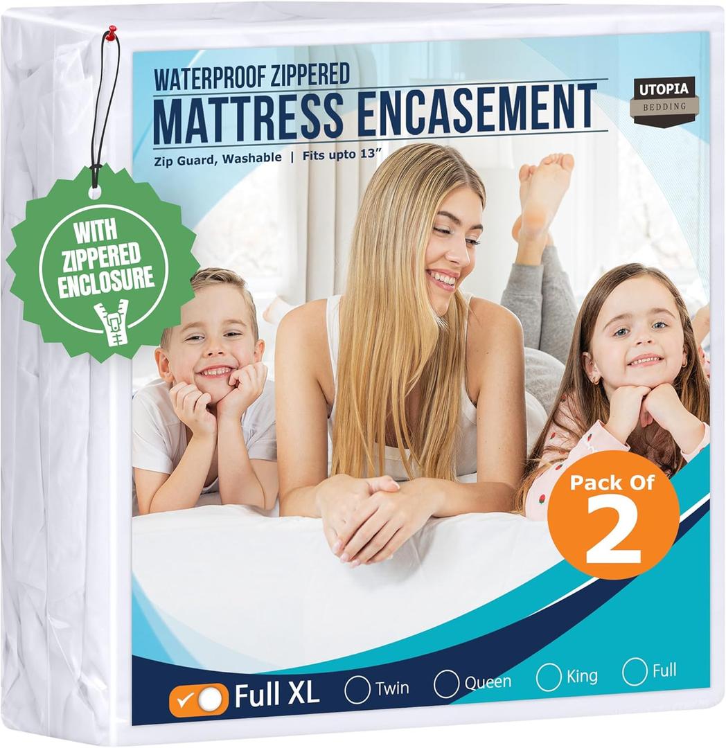 Utopia Bedding Waterproof Mattress Protector Full XL Size (Pack of 2), Zippered Mattress Encasement Bed Bug and Dust Mite Proof, Absorbent Six-Sided Mattress Cover