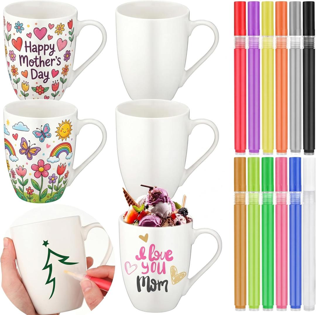 Mifoci 4 Sets Make Your Own Mug Mother's Day Gifts Painted Ceramic Mugs to Paint Kit You Can Decorate Coffee Cup Decorating Kit DIY Ceramic Cup for DIY Create a Keepsake Gift Craft (Fashion)