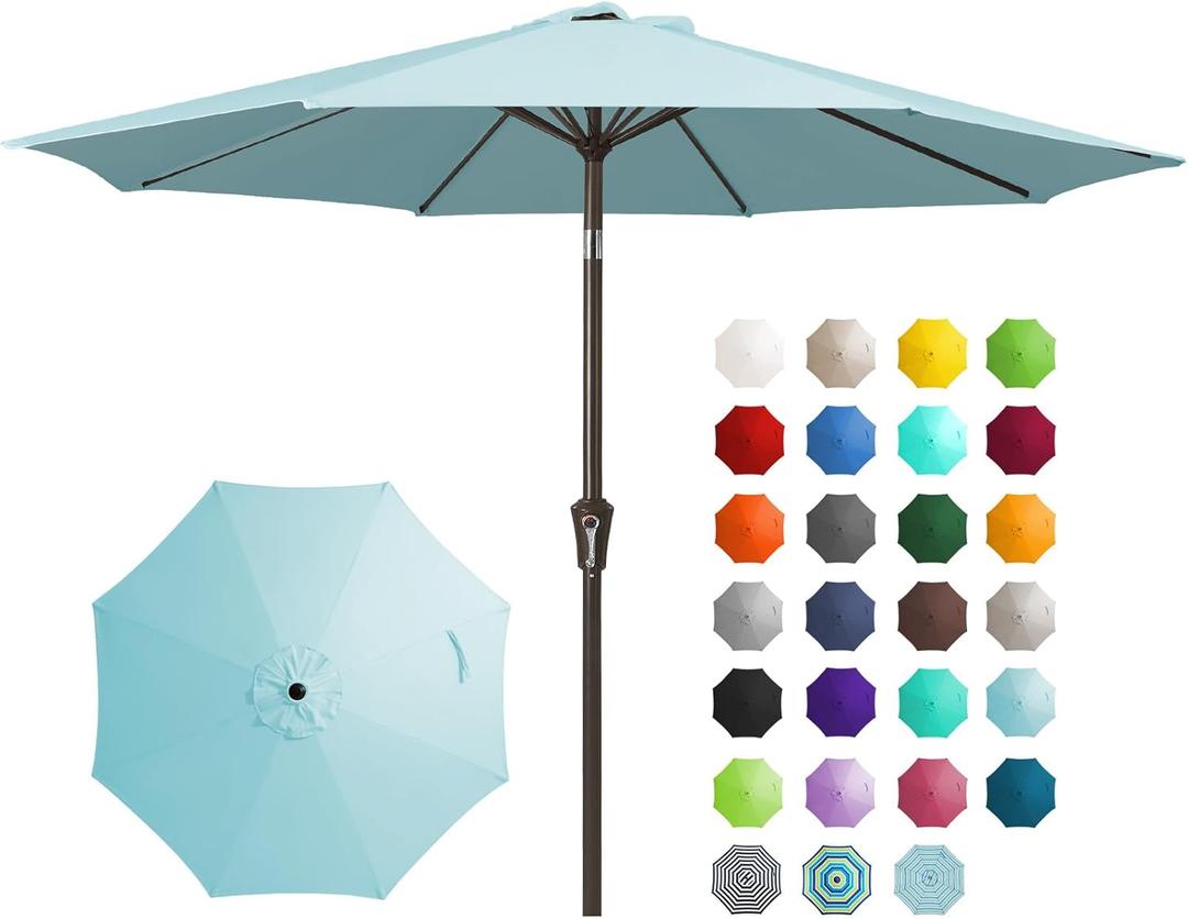 JEAREY 9FT Outdoor Patio Umbrella Outdoor Table Umbrella with Push Button Tilt and Crank, Market Umbrella 8 Sturdy Ribs UV Protection Waterproof for Garden, Deck, Backyard, Pool (Light Blue)
