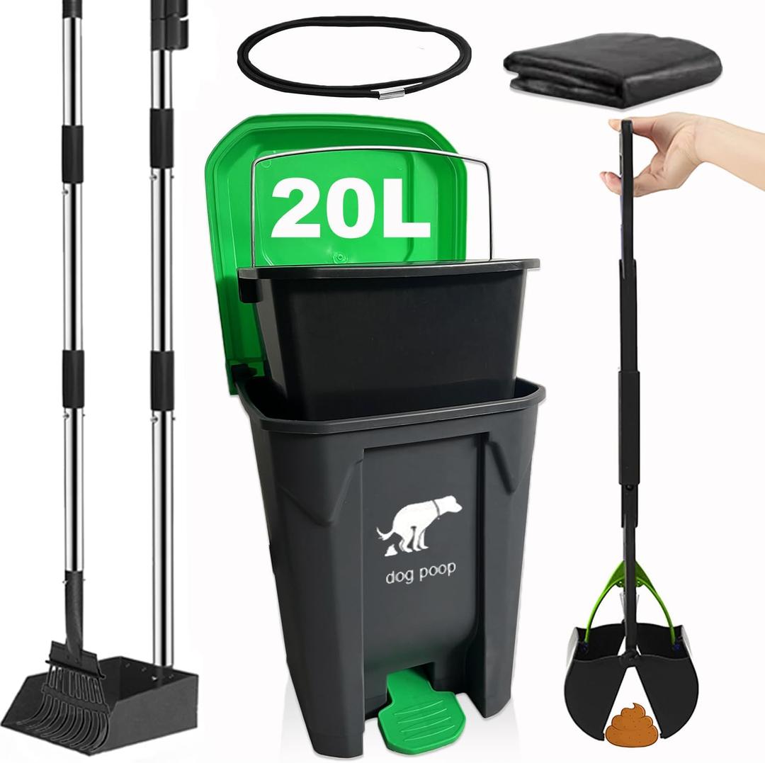 6Pack - Large Dog Pooper Scooper for yard - 20L Step Dog Poop Trash Can Outside - Pet Waste Container Outdoor with Removable Inner Bin - 28" Pooper Scooper & Long Handle Metal Tray&Rake & 50 Waste Bag