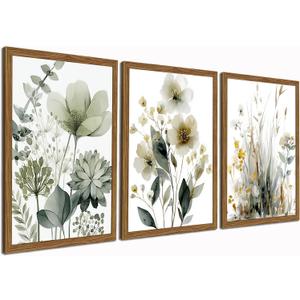 Wood Framed Sage Green Botanical Wall Art Set of 3, Boho Floral Canvas Wall Decor Paintings, Minimalist Flower Posters Prints for Bedroom Bathroom Living Room Stockholm Room Decor Home 12x16 Inch
