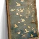 Framed Flock of Birds Canvas Wall Art, Vintage Minimalist Abstract Landscape Painting, Neutral Gold Birds Spiritual Wall Decor, Modern Aesthetic Pictures for Bedroom Living Room 16x24 inch