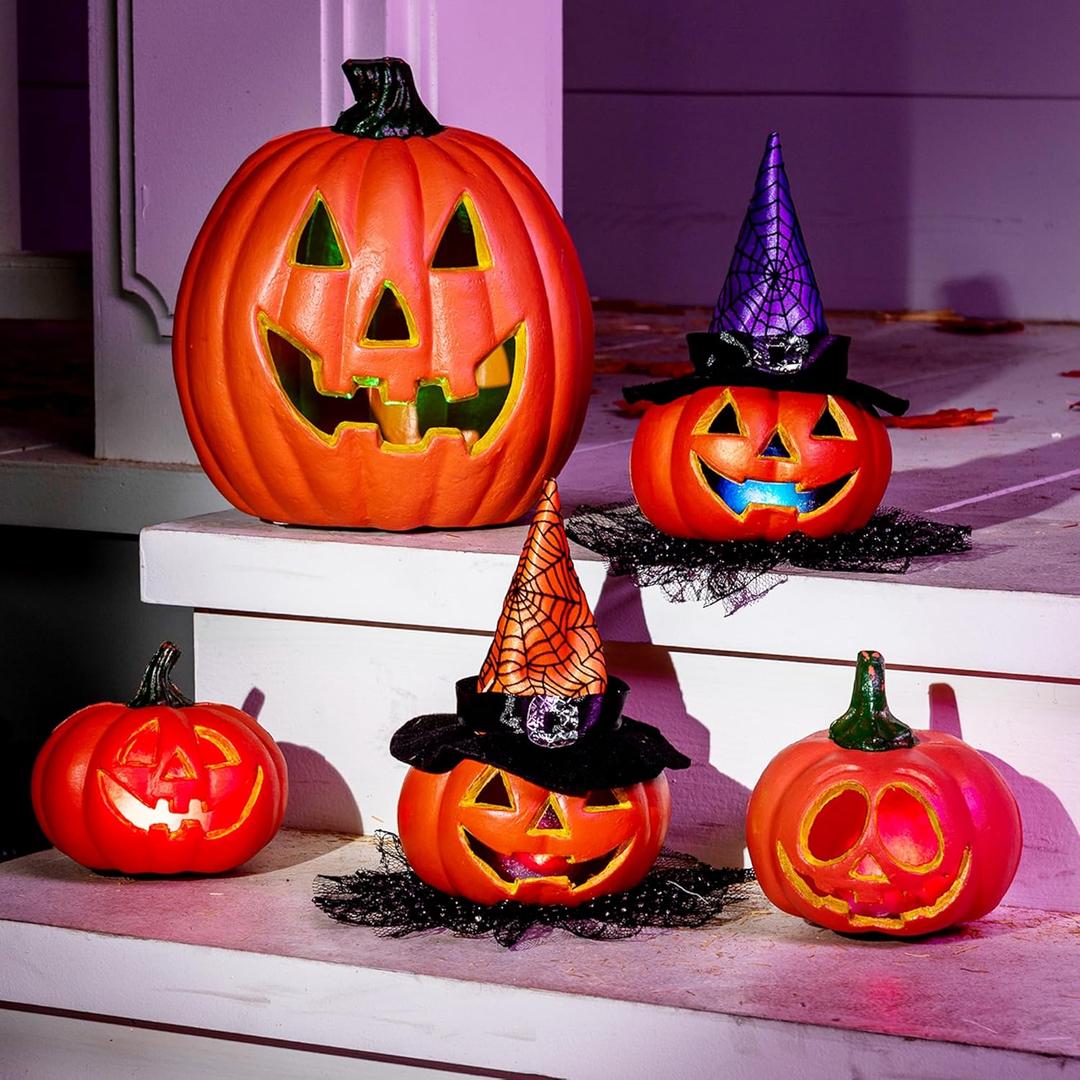 JOYIN 5 Pcs Light Up Halloween Pumpkin Decor Jack O Lantern Decorations Outdoor Indoor, Plastic Large Trick Or Treat Table Top Party Supplies Favors