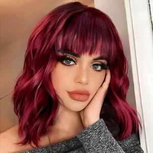 SOKU Short Wavy Burgundy Wigs for Women 14 Inches Synthetic Red Burgundy Curly Bob Wig with bangs Glueless Shoulder Length Ready to Wear Synthetic Hair