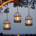 Solar-Hanging-Lanterns-Outdoor-Waterproof, Rust Birdcage Style Candle Holders with Flickering Solar Tea Lights for Backyard Patio Garden Fence Tree Decoration (3 Pack)