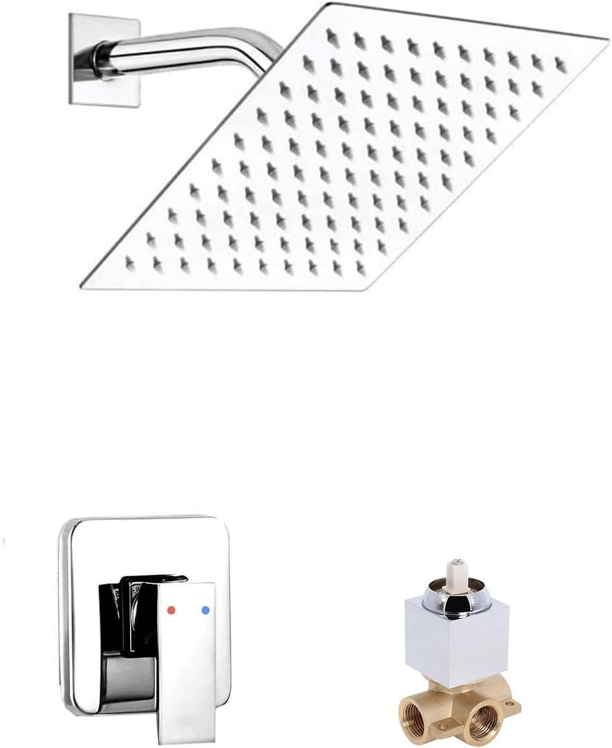 Chrome Shower Faucet GGStudy Single Function Shower Trim Kit with Rough-in Valve Shower Set Bath Rainfall Shower Faucet System 8inch Square Stainless Steel Metal Shower Head