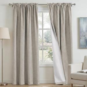 PrinceDeco 100% Blackout Curtains 95 inches Long Rod Pocket Primitive Linen Textured Curtains with White Liner Heat and Full Light Blocking Drapes for Bedroom,2 Panels(52 x 95 Inch, Stone)