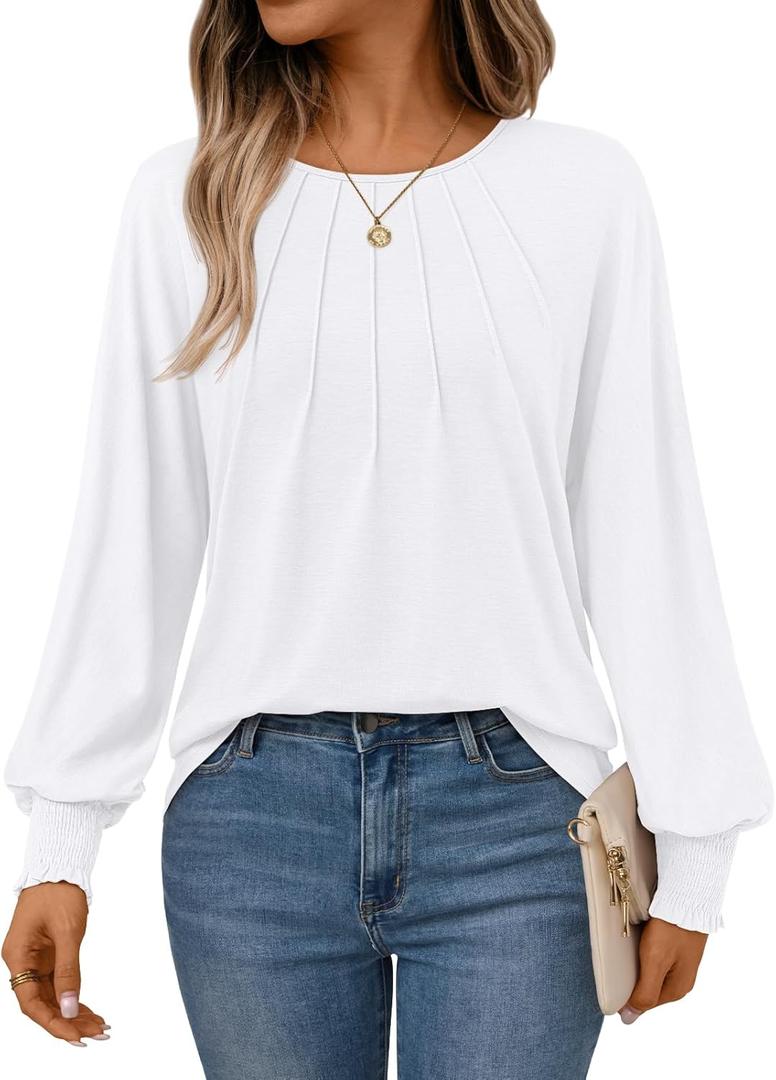 AUTOMET Womens Fall Fashion Long Sleeve Shirts Dressy Casual Pleated Basic Trendy Tops Winter Clothes 2025 (Small, White)
