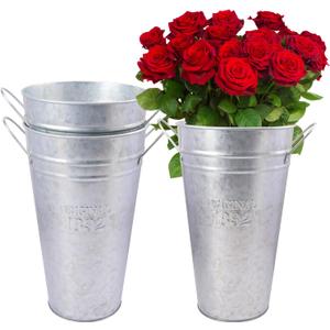 3 Packs 12 Inch Tall Galvanized Metal Flower Vases with Handles, Metal Flower Buckets for Cut Flowers, Country Wedding, Table Centerpiece Decorations(Sliver)