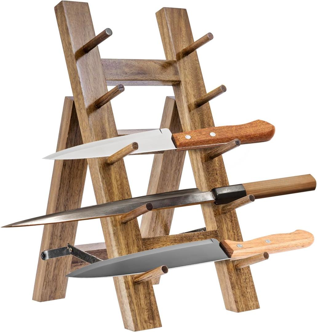 MyGift 5 Tier Premium Acacia Solid Wood Universal Kitchen Knife Holder, Foldable A-Frame Countertop Cutlery Display Stand, Chef Knives Storage Drying Rack