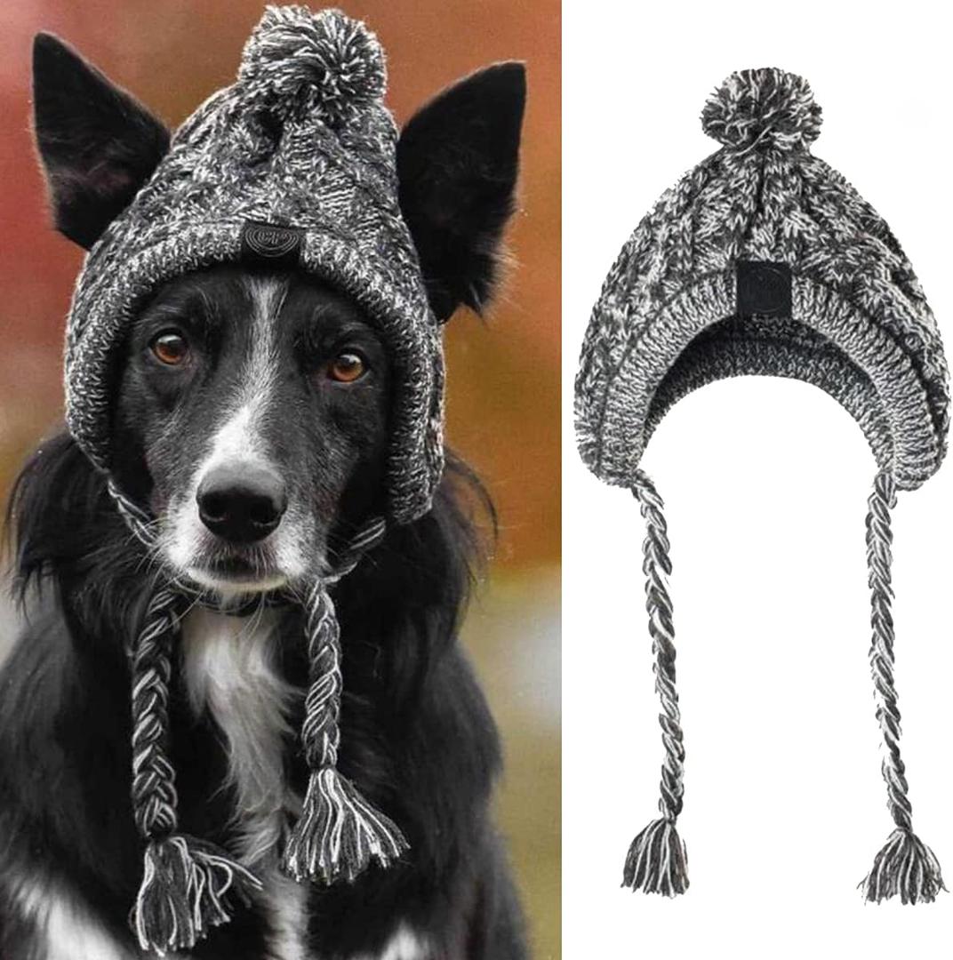 Dog Hat for Small Medium Dogs Pets Winter Warm Knitted Hat with Ear Holes (Large) Grey, Large