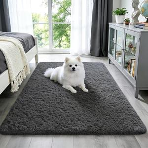 Ophanie 3x5 Rug, Dorm Bedside Preppy Area Rug, College Essentials Non Slip Grey Small Carpets for Bedroom, Anti Slip Fluffy Gray Living Room Rugs Home Decor Aesthetic, Nursery