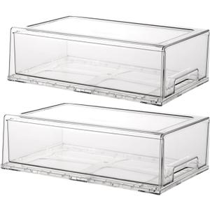 Stackable storage drawers, clear pull-out organizer with handles and non-slip pads for kitchen, refrigerator,office desktop, pantry and shelves, perfect for organization and storage (2 Pack, Large)