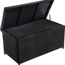 Outdoor 70 Gallon Wicker Storage Box with Waterproof Liner, Patio PE Rattan Storage Container for Outside, Deck Box with Hinged Lid for Cushions, Pillows, Towels, Horizontal Bin, Black