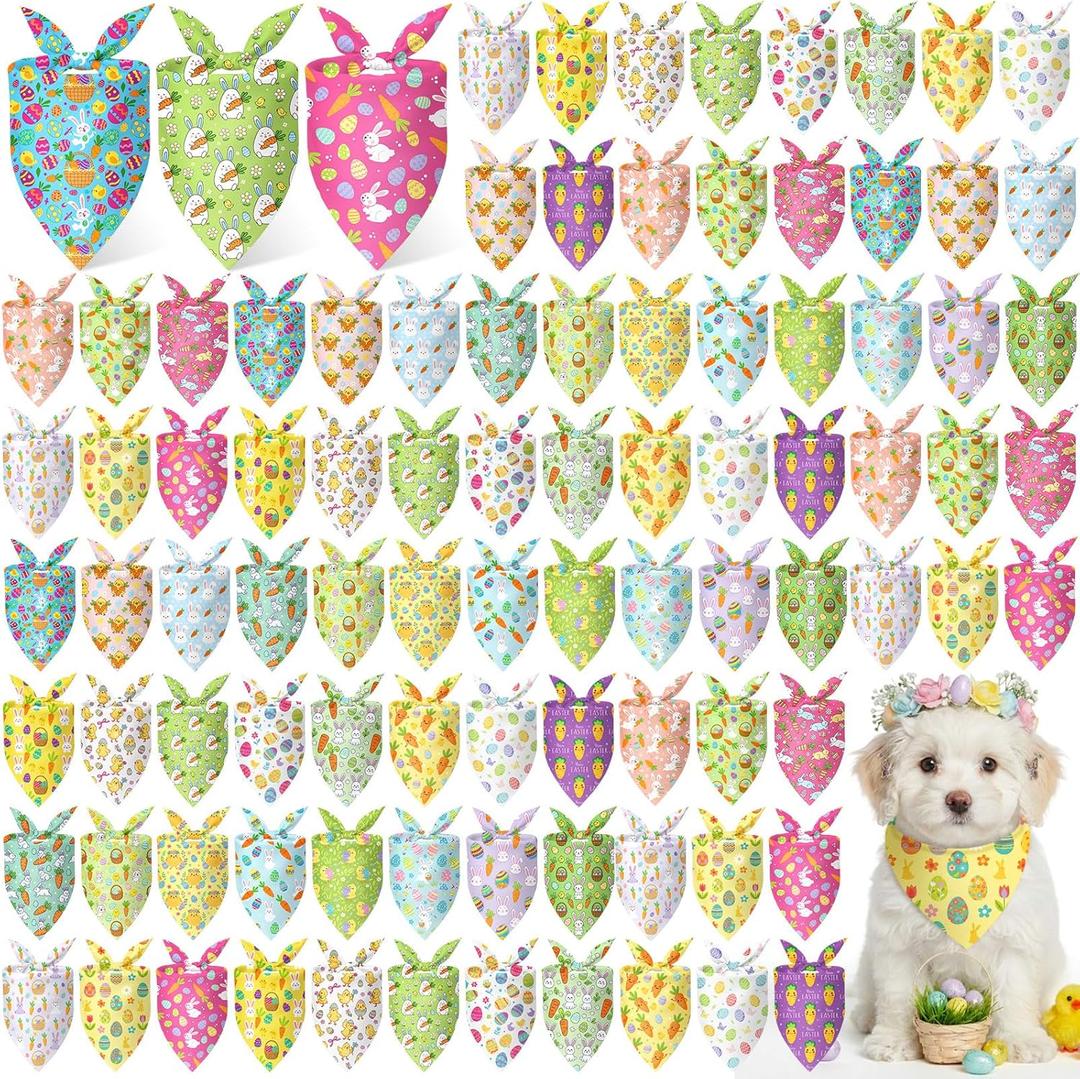 Abbylike 100 Pcs Easter Dog Bandanas Bulk Bunny Egg Carrot Bandanas for Dogs Triangle Kerchief Bibs Scarf Set for Pet Costume Easter Photo Props Accessories Pet Shops, 25 Styles (19.7 x 13.8 x 13.8)