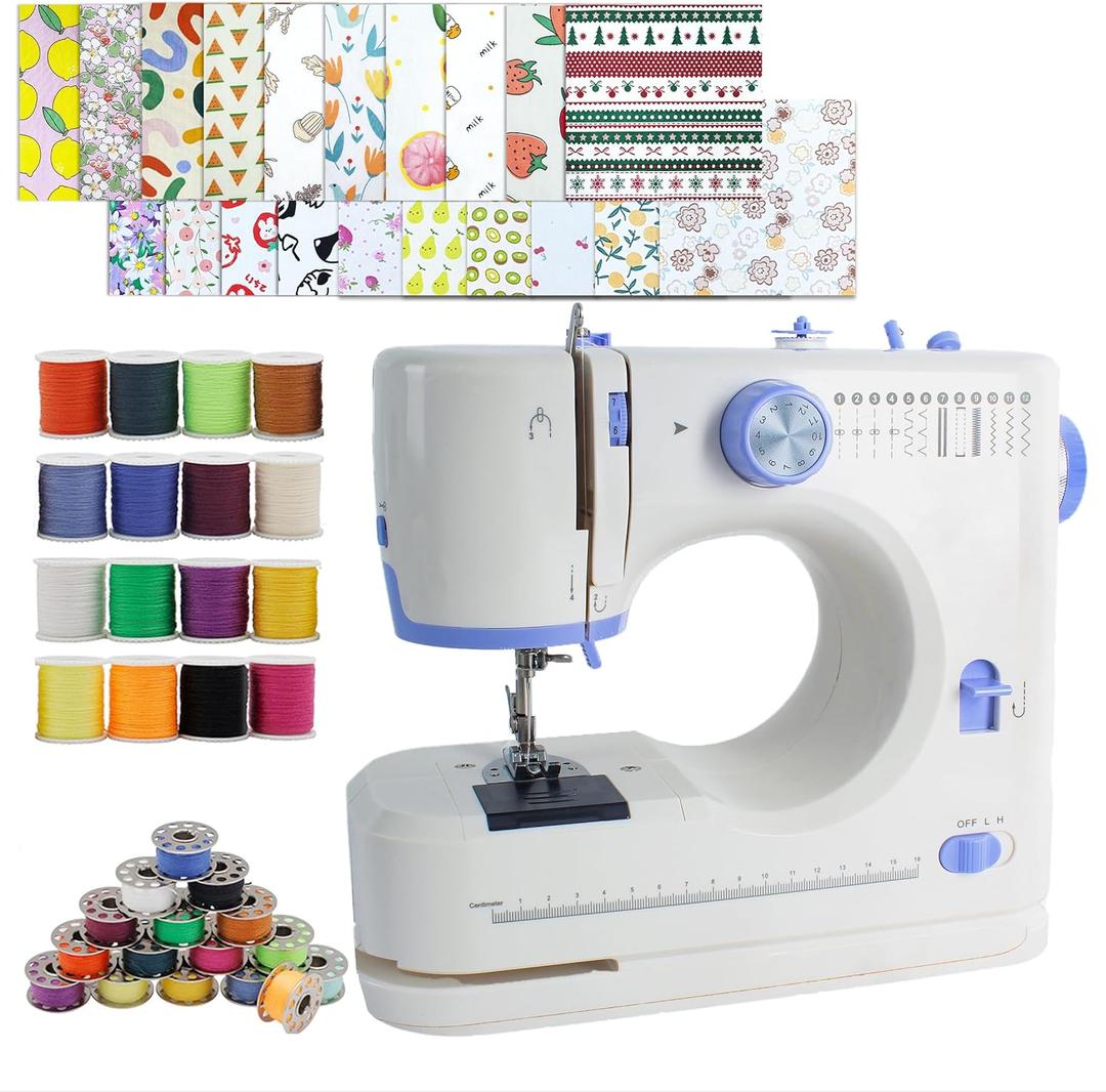 Sewing Machine for Beginners with 20 Pcs Fabric and 32 Pcs Sewing Threads Kit,Portable Sewing Machine with 12 Built-in Stitches,2 Speed(High-Low Speeds) Blue