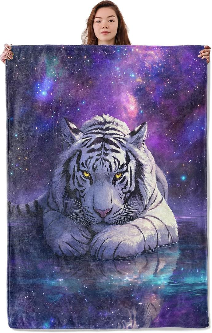 Galaxy Tiger Blanket, Soft Warm Cozy Majestic White Tigers Throw Blanket Gifts for Adults Kids Women, Lightweight Fuzzy Comfy Flannel Blankets for Couch, Travel, Bed, House Decor 80x60 Inch