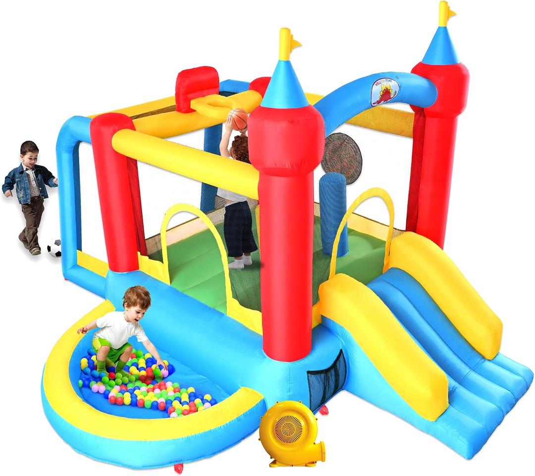 WELLFUNTIME Inflatable Bounce House with Slide, Jumping Castle with Blower and Wave Pool, Basketball Rim, Football Goal