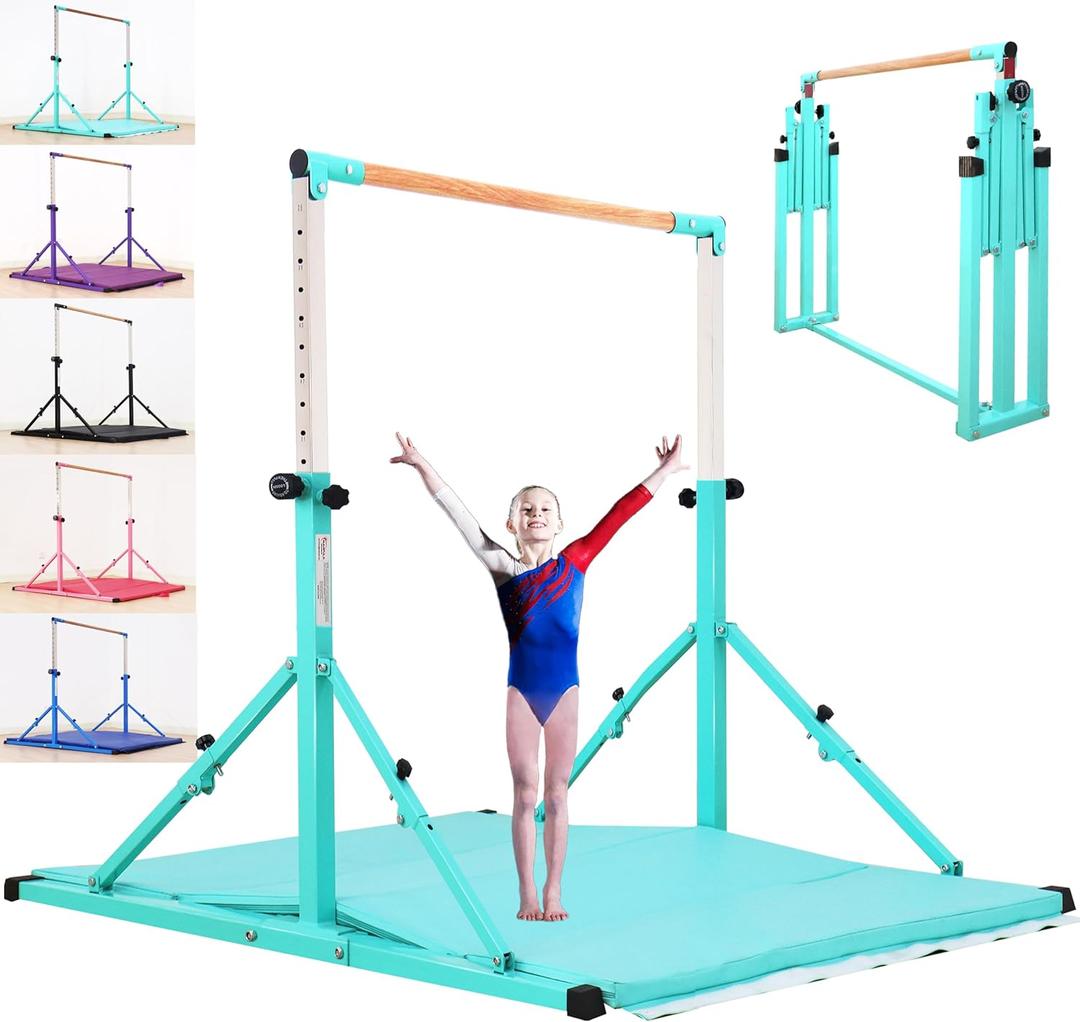 MARFULA 5FT Gymnastic Bar with Mat Set Gymnastics Horizontal Bar Gymnastics Kip Bar Teal Bar for Kids Home Use