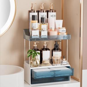 Delamu Bathroom Organizers and Storage, 2-Tier 2-Drawer Makeup Organizer Countertop, Easy to Install, Ideal for Bathroom Storage, Vanity, Large Skincare, Perfume, Present, and More, Blue (1 Pack)
