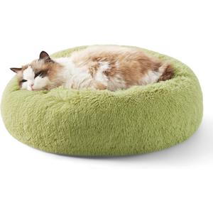 Bedsure Calming Cat Beds for Indoor Cats - Small Cat Bed Washable 20 inches, Anti-Slip Round Fluffy Plush Faux Fur Pet Bed, Fits up to 15 lbs Pets, Green