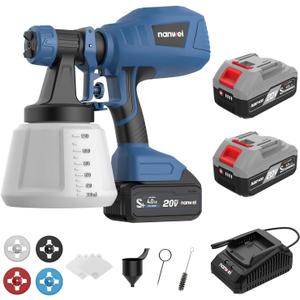NANWEI Cordless Paint Sprayer with 2 Batteries, HVLP Spray Gun with 1200ML Container,with 4 Nozzles and 3 Patterns,Paint Sprayer Gun for House Furniture Cabinets Painting (with Battery)