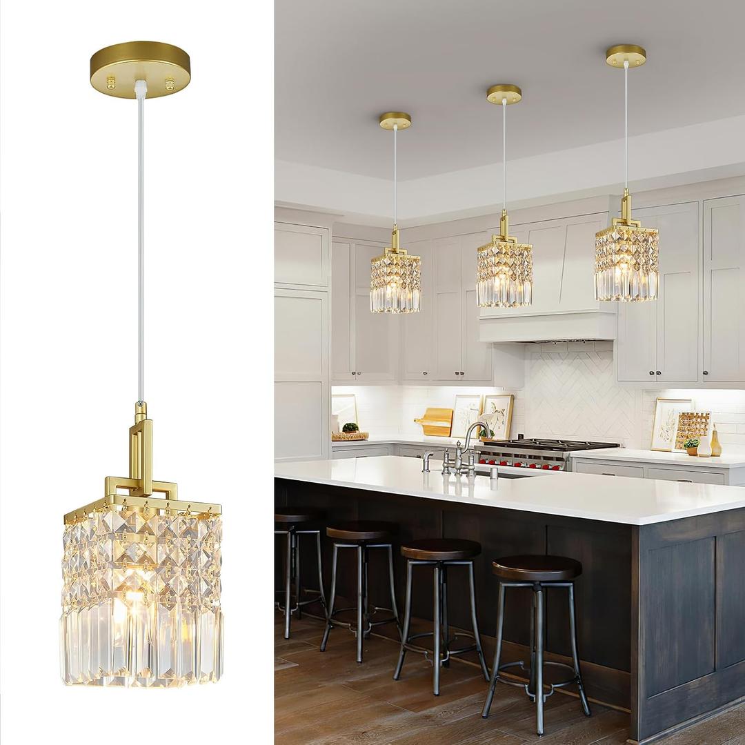 Modern Crystal Pendant Light Kitchen Island Farmhouse Lamp Adjustable Height Hanging Lighting Square Gold Chandelier Suitable for Kitchen Island Dining Room and Bedroom(3Pack)