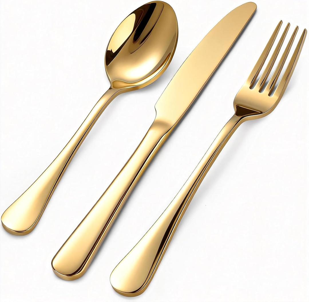 60 Piece Gold Silverware Set for 20, 18/0 Stainless Steel Heavy Forks Spoons and Knives Set, Mirror Finish Gold Flatware, Dishwasher Safe for Family Picnics Daily Gatherings