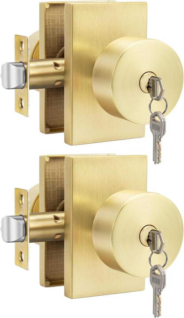 goldenwarm Keyed-Alike Exterior Door Knobs with Key, Zinc Alloy Brushed Gold Door Knobs Exterior, Locking Doorknob with Lock and Key, Bedroom (2 Pack)