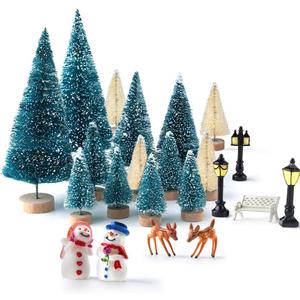 KUUQA Mini Christmas Trees Bottle Brush Trees with Snowmen Reindeer, 31Pcs Christmas Village Sets Village Accessories Ornaments for Christmas Decorations Indoor Village Display Platforms Winter Decor (Blue-green1)