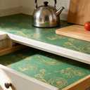 Shelf Liner for Kitchen Cabinets Drawer Liner Non-Adhesive Non-Slip Thickened Shelf Liner Paper Easy to Clean with Green Background Gold Floral Line Pattern for Tool Box Refrigerator.17.3×236.2 inches