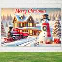Merry Christmas Banner Snowman Train Holiday Decor Winter Wonderland Scene Christmas Tree for Home Decoration 71x43 Inches Festive Seasonal Wall Hanging for Living Room Bedroom