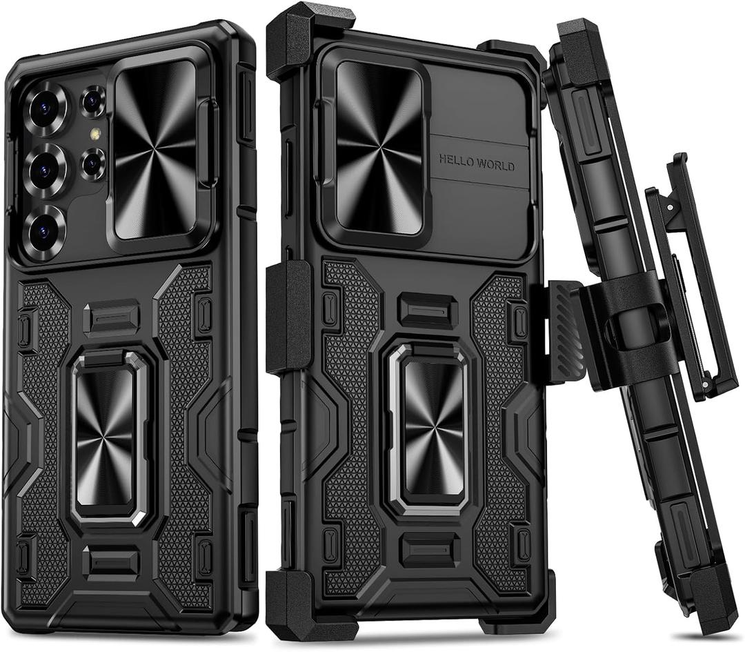 VEGO for Samsung Galaxy S25 Ultra Case, with Slide Camera Protector & Belt Clip Holster & 360°Rotatable Ring Kickstand Military Grade Heavy Duty Protection Cover - Black 