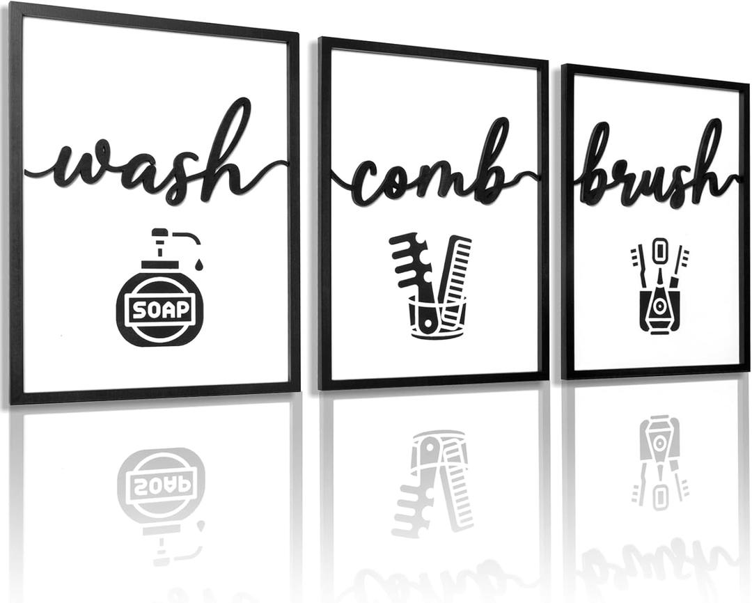 3D Wood Funny Bathroom Wall Art, Framed Black and White Bathroom Pictures Wall Decor, Cute Toilet Pictures for Bathroom Signs Decor(Ready to Hang, 12x16 inches, Set of 3, Framed) (Wash Comb Brush)