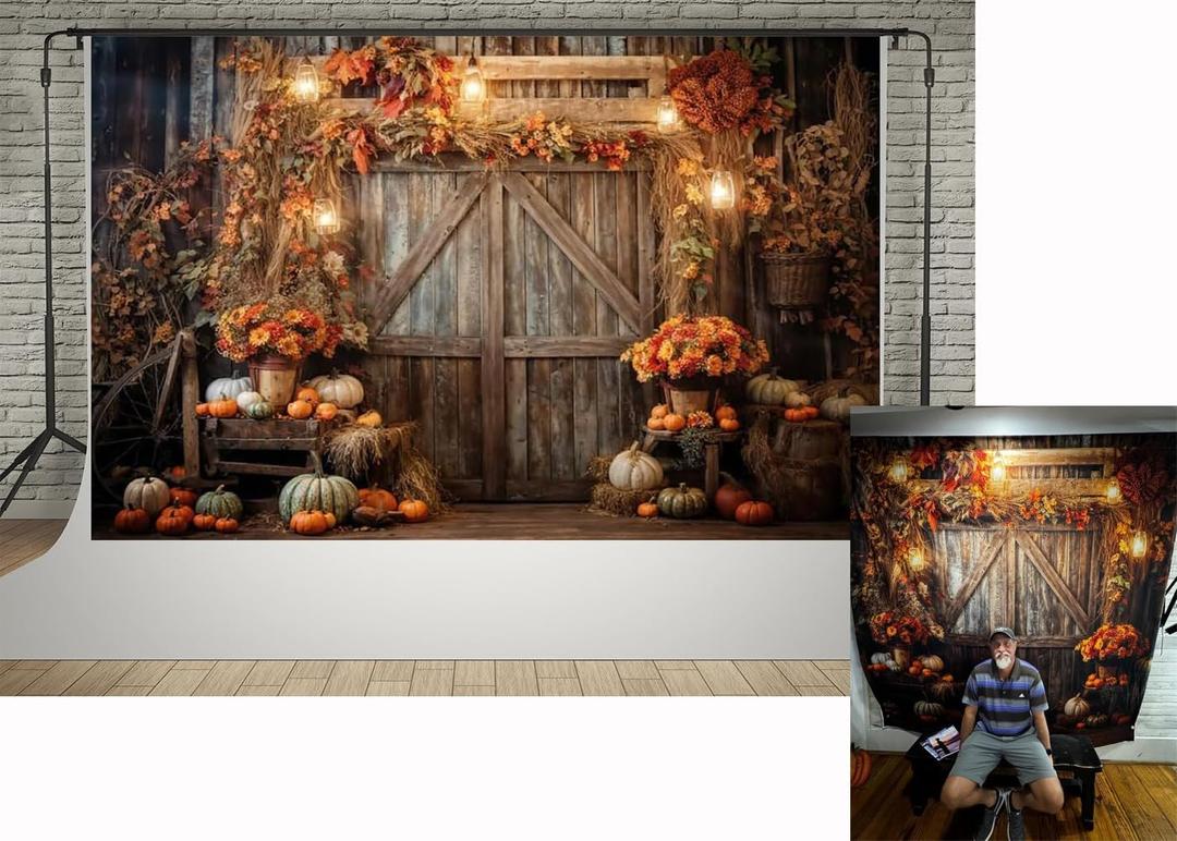 Kate 7x5ft Autumn Thanksgiving Farm Pumpkin Lanterns Decoration Photography Backdrops Rustic Wooden Door Fall Yellow Flowers Leaves Pumpkin Harvest Photo Background Shooting