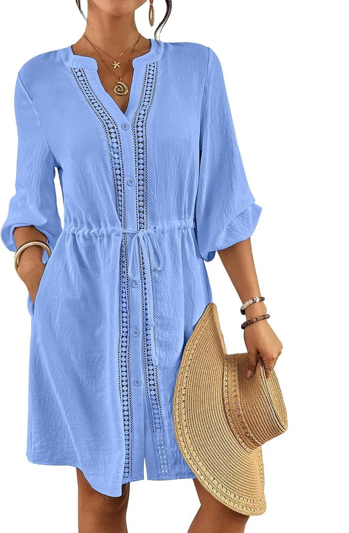 Bsubseach Swimsuit Coverup for Women V Neck Bathing Suit Cover Up with Pocket Drawstring Button Down Beach Shirt Dresses, Size: L
