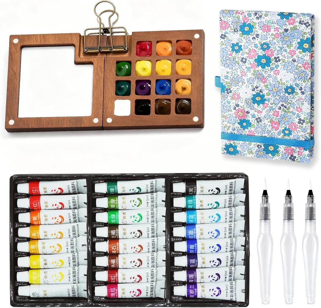 Mini Portable Watercolor Palette Set-Grid Paint Box with Binder Clips Include 24 Colors Paint - Brush*3 and Picture Album Art Materials Coloring Markers for Travel, Creative Drawing Kit for Beginners and Art Enthusiasts(Blue Wood-L)