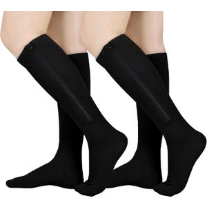 Athbavib 2 Pairs Zipper Compression Socks Women and Men, Closed Toe Compression Stocking, 15-20 mmHg Knee high compression socks for Edema, Varicose Veins, Swollen Sore (XX-Large, Black)
