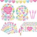 HOWAF 129Pcs Valentine's Day Candy Heart Disposable Dinnerware Set, Colorful Conversation Heart Candy Party Tableware Decoration for Happy Valentines Day Party Decoration Supplies, Serves 16