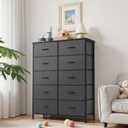 Sweetcrispy 10 Drawer Dresser, Tall Fabric Dresser for Bedroom, Storage Tower with Bins Chest Organizer Unit for Closet, Hallway, Steel Frame Wood Top, Easy Pull Handle, Grey