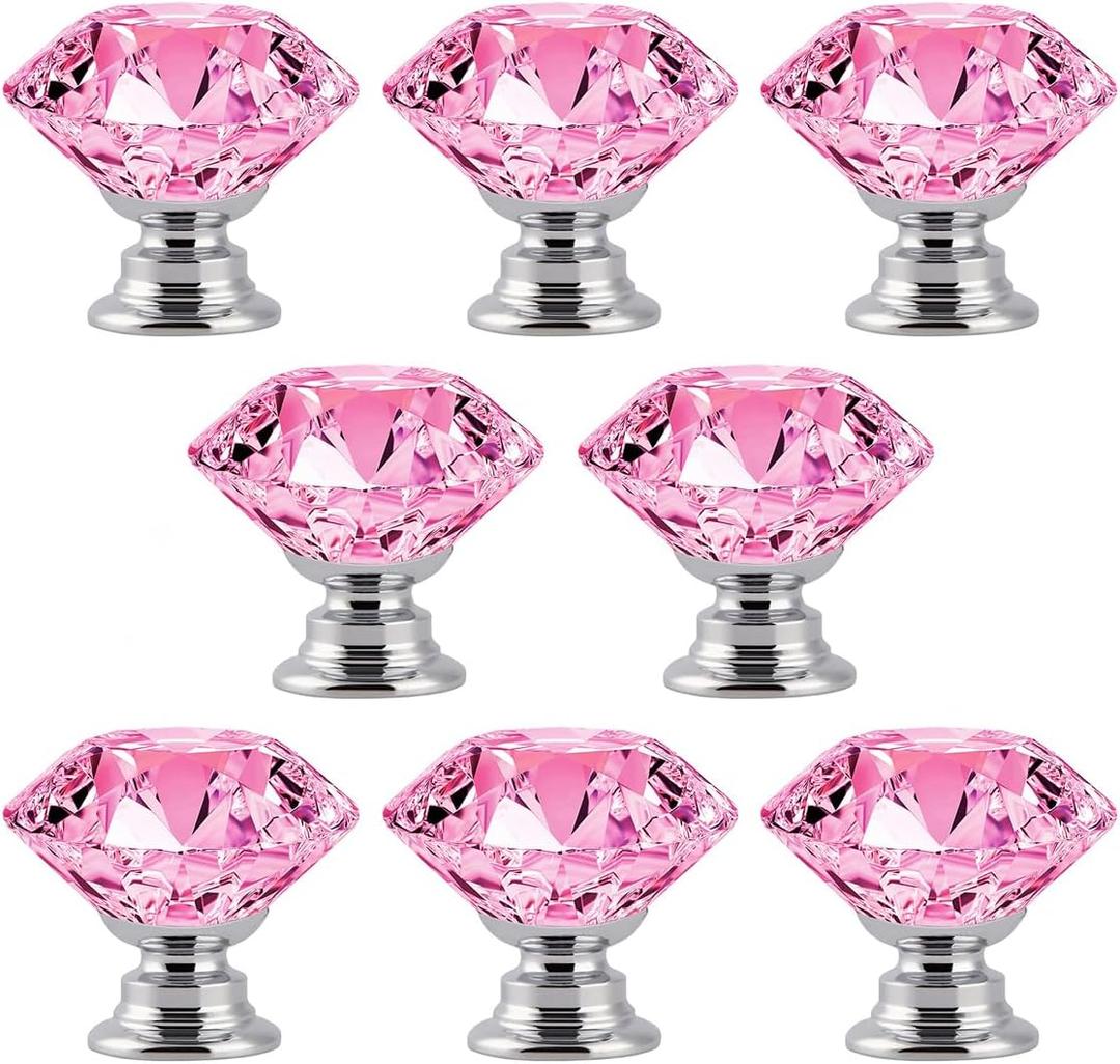 8 Pack Pink Crystal Cabinet Knobs Pulls, 30mm Diamond Glass Decorative Kitchen Cabinet Handles for Dresser Drawer, Bedroom Wardrobe Pulls Bathroom Desk Knobs (8 Pack, Pink)