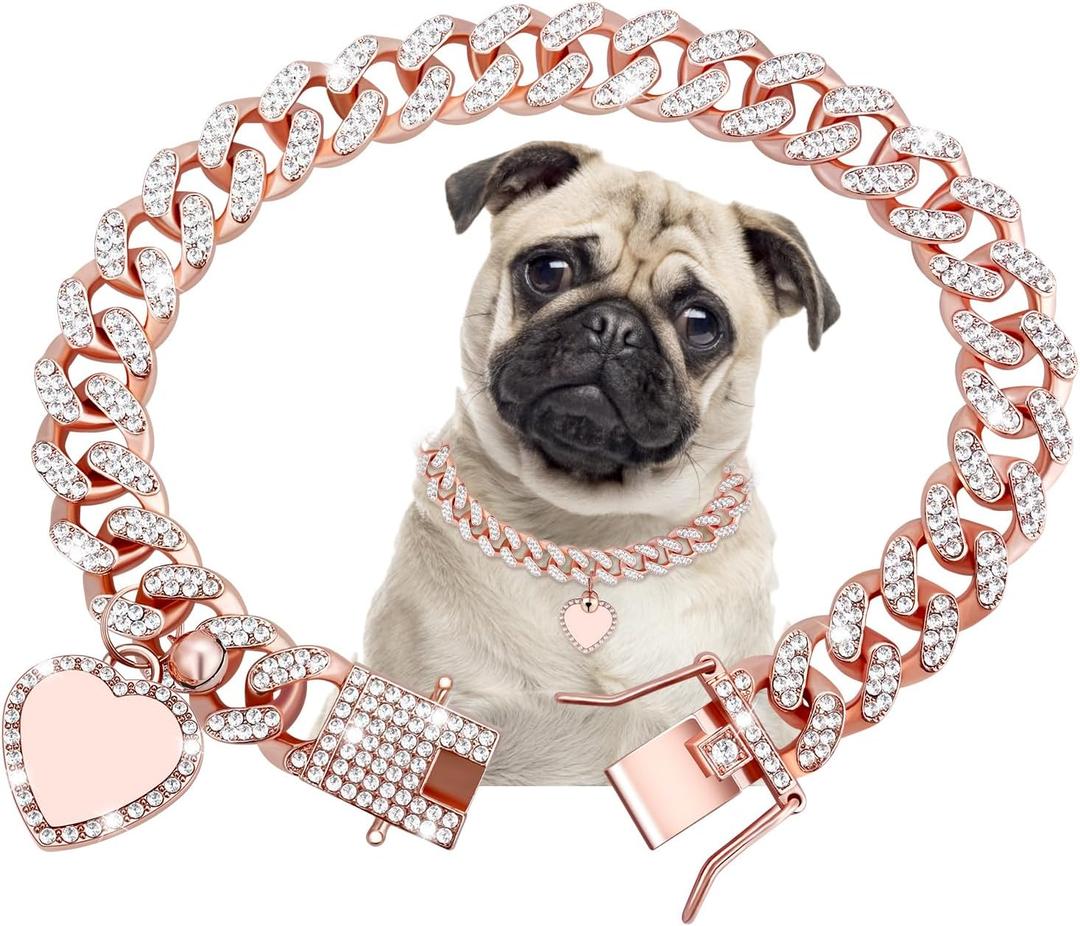 Cuban Dog Chain with Pet ID Tag, Bling Crystal Choke Collar Dog Metal Training Chain Walking Necklace for Small Medium Large Dogs Cats (16in, Rose gold)