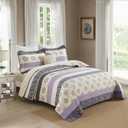Homzard Floral Comforter Set Queen Size,Purple Lavender Beige Queen Size Quilt Set,All Cotton Quilted Comforter,Striped Floral Pattern Bedding Bedspread, 3 Piece All Season