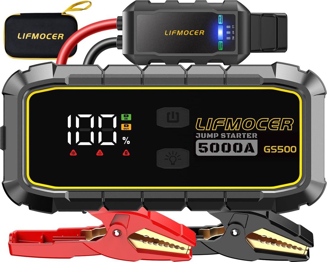LIFMOCER 5000A Car Jump Starter-GS500 Car Battery Jump Starter for Up to ALL Gas and 10.0L Diesel Engines, 12V Portable Jump Box with Storage Case USB Quick Charge,LCD Display,for Car,Motorcycle,Truck
