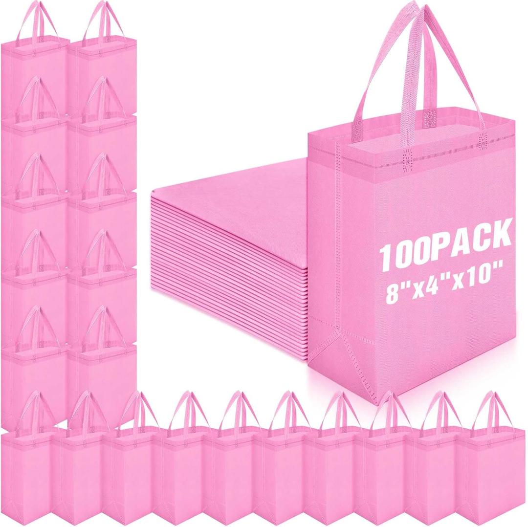 Windyun 100 Pcs Reusable Tote Bag Bulk 8 x 4 x 10 Inch Non Woven Shopping Bag with Handle Christmas Reusable Grocery Gift Tote (Pink)