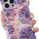 OOK Oil Painting Phone Case for iPhone 16 Pro Max Laser Glossy Cute Oil Painting Flower Pattern Curly Waves Bumper Design Soft Protective Cover for Girls Women Purple